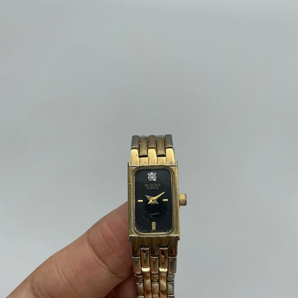 Vintage Bulova Womens Watch 12mm Black Dial Gold Tone Diamond New Battery